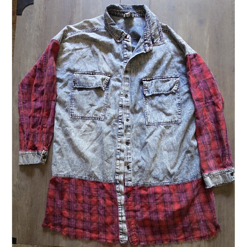 Hayden Los Angeles Denim W/Red Plaid Flannel Button Up Long Sleeve Shirt Women L